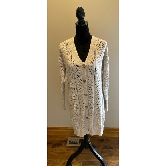 Cardigan Casual Long Size Large  Dark Cream Tan Pointelle Knitted Button Front - Picture 1 of 10